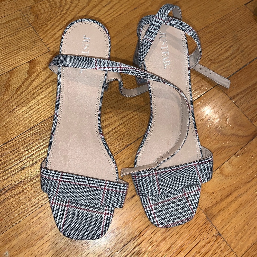 JustFab Grey Plaid print Strappy Heels